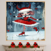Whimsical Christmas Devil Girl Ice Skating in Red Santa Dress with Horns and Candy Cane Stripes Winter Fantasy Art Print or Canvas for Holiday Wall Decor on Ready to Hang 1.5" Thick Canvas Wrap, Floating Framed Canvas, Flat Rolled Canvas
